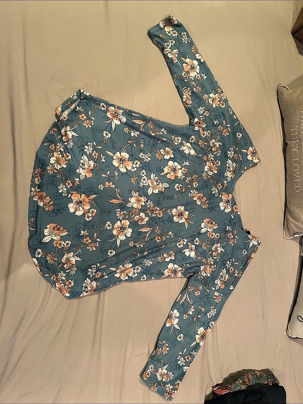 Bobeau Floral Long Sleeve Top in Blue & Orange